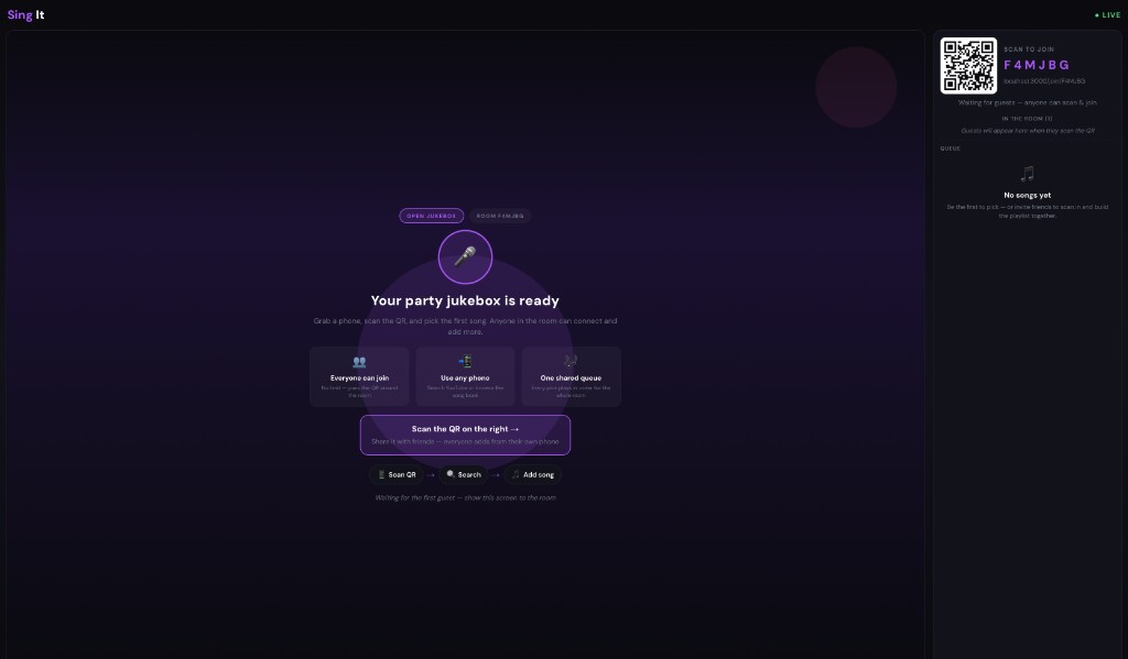 Live web jukebox host with QR code, room code, guest list, and queue panel